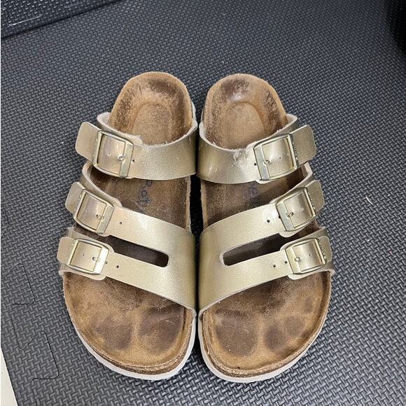 Birkenstock Betula Sandals Gold Three Strap Slides Leather Size 37 US 6 - Picture 3 of 7